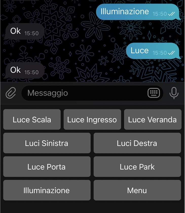 Menu di Telegram per invio comandi al bot